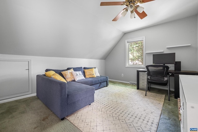 295 Homestead Ln, Charlottesville, VA 22902 - carpeted living room with an office area, lofted ceiling, and ceiling fan