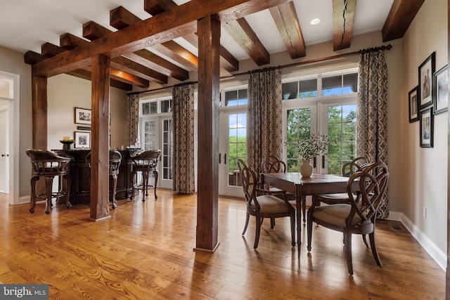 3054 Jordan Rd, Orefield, PA 18069 - dining area featuring french doors, beamed ceiling, wood finished floors, and recessed lighting