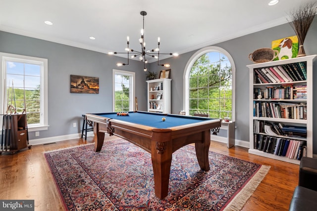 3054 Jordan Rd, Orefield, PA 18069 - rec room with pool table, ornamental molding, wood finished floors, recessed lighting, and a chandelier