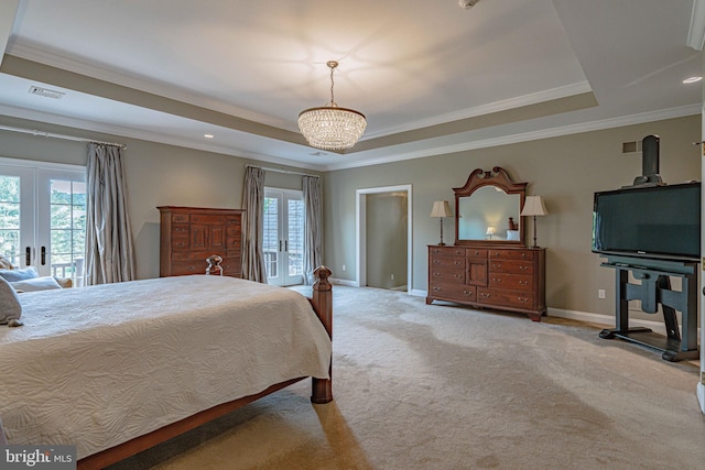 3054 Jordan Rd, Orefield, PA 18069 - carpeted bedroom with a raised ceiling, a chandelier, recessed lighting, french doors, and ornamental molding