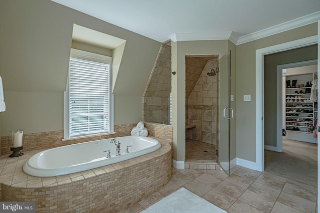 3054 Jordan Rd, Orefield, PA 18069 - bathroom with a bath, a shower stall, tile patterned floors, and ornamental molding
