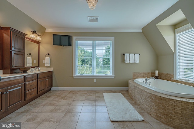 3054 Jordan Rd, Orefield, PA 18069 - bathroom featuring double vanity, a garden tub, crown molding, and tile patterned flooring