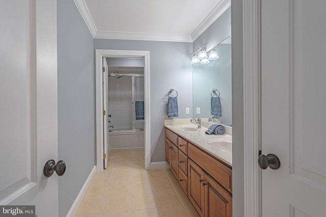 3054 Jordan Rd, Orefield, PA 18069 - full bath with double vanity, tile patterned flooring, enclosed tub / shower combo, and crown molding