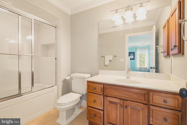 3054 Jordan Rd, Orefield, PA 18069 - bathroom with vanity, enclosed tub / shower combo, tile patterned flooring, crown molding, and a chandelier