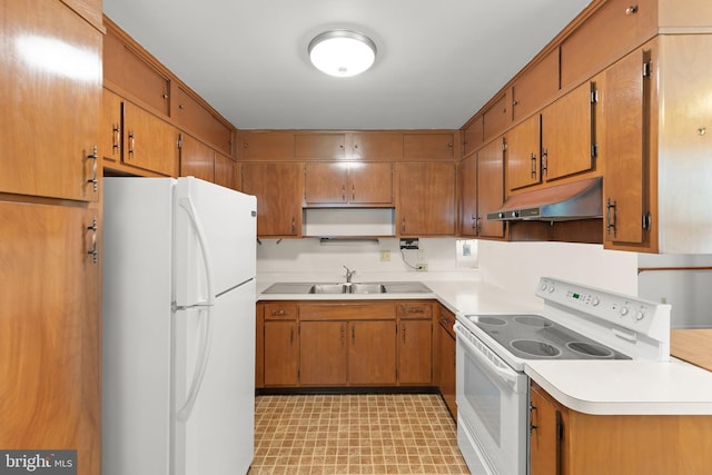412 Fairview Ave, Winchester, VA 22601 - kitchen featuring white appliances, under cabinet range hood, light countertops, brown cabinets, and light floors
