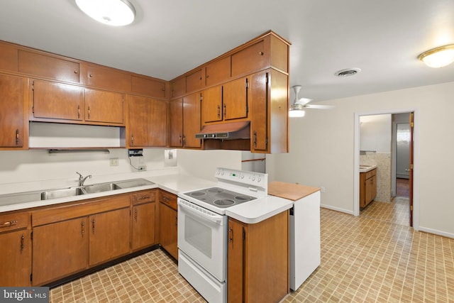 412 Fairview Ave, Winchester, VA 22601 - kitchen featuring white electric range, under cabinet range hood, ceiling fan, light countertops, and brown cabinetry