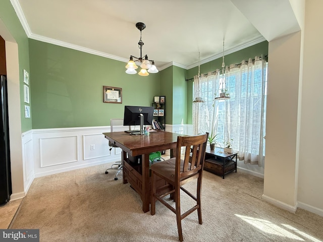 45657 Bethfield Way, California, MD 20619 - office area featuring light colored carpet, crown molding, a chandelier, and wainscoting