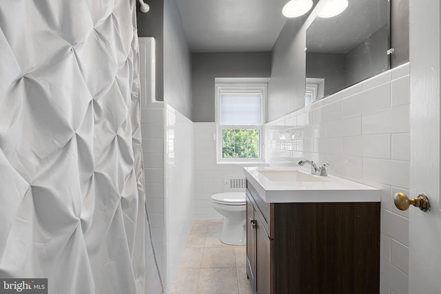 14 Brandywine Blvd, Wilmington, DE 19809 - bathroom with tile walls, vanity, tile patterned flooring, curtained shower, and a wainscoted wall