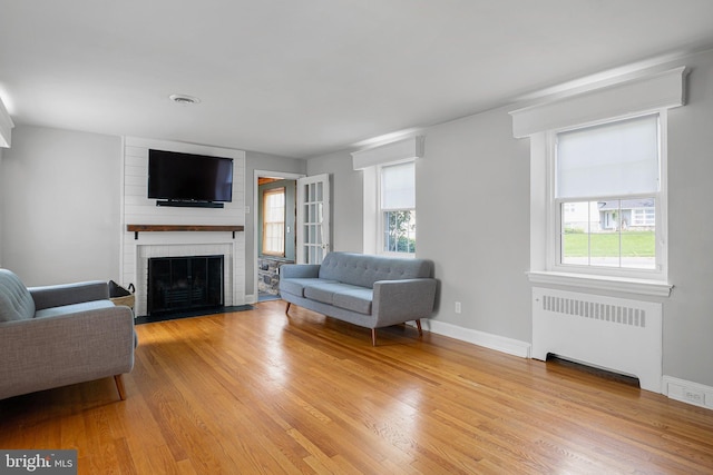 14 Brandywine Blvd, Wilmington, DE 19809 - living area with radiator heating unit, a brick fireplace, and light wood finished floors