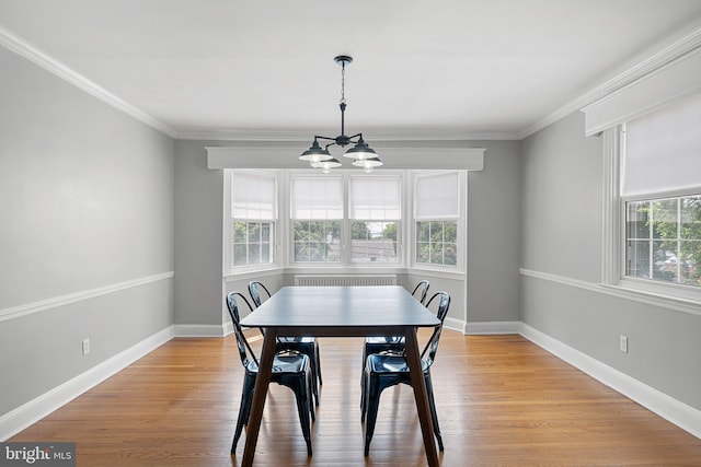 14 Brandywine Blvd, Wilmington, DE 19809 - dining area featuring a chandelier, radiator heating unit, light wood finished floors, and ornamental molding