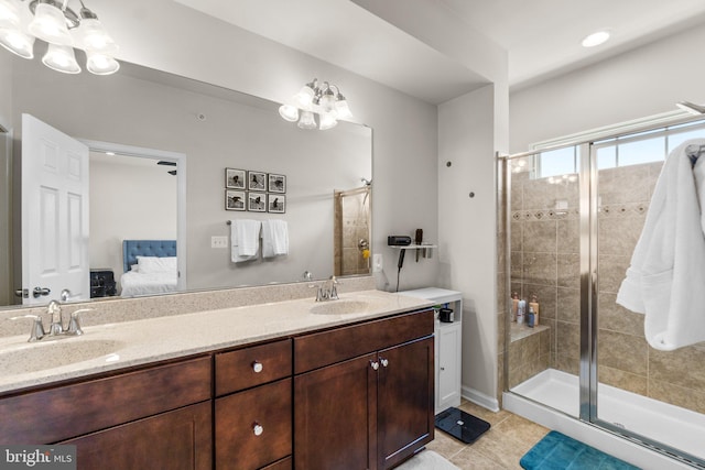 6203 Posey St, Frederick, MD 21703 - bathroom featuring a chandelier, ensuite bath, double vanity, tile patterned floors, and a shower stall