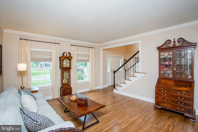 3879 Charter Club Dr, Doylestown, PA 18902 - living area featuring ornamental molding, light wood-style flooring, and stairs