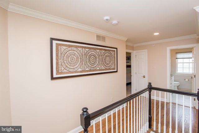3879 Charter Club Dr, Doylestown, PA 18902 - corridor featuring an upstairs landing, ornamental molding, wood finished floors, and recessed lighting