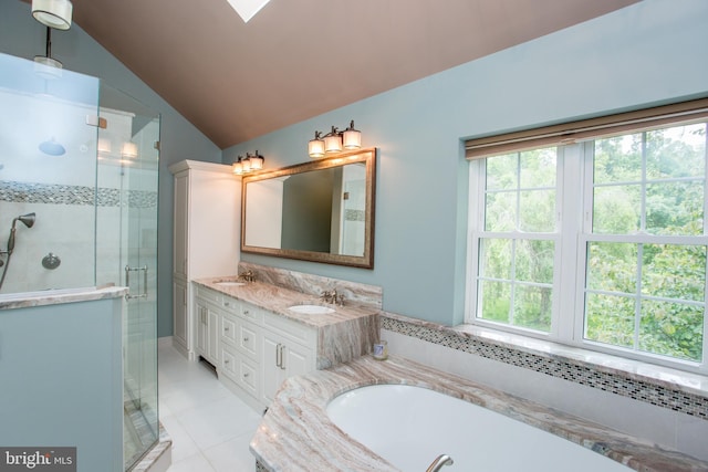 3879 Charter Club Dr, Doylestown, PA 18902 - bathroom with a stall shower, double vanity, vaulted ceiling, a bath, and tile patterned flooring