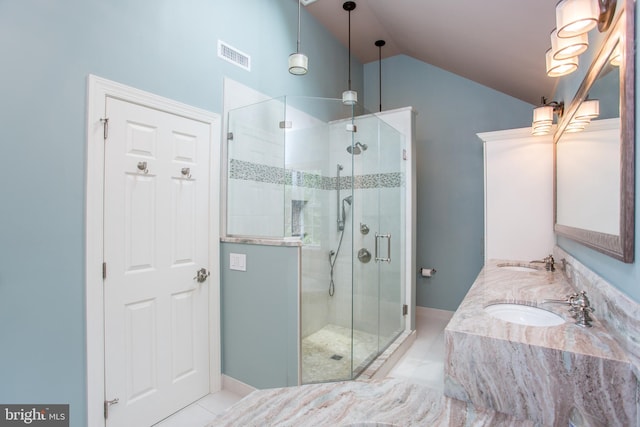 3879 Charter Club Dr, Doylestown, PA 18902 - bathroom featuring vaulted ceiling, a shower stall, double vanity, and tile patterned floors