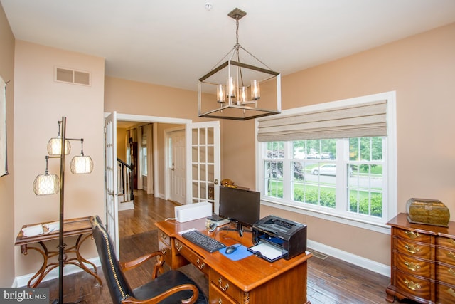 3879 Charter Club Dr, Doylestown, PA 18902 - office featuring a chandelier, french doors, and hardwood / wood-style floors
