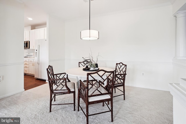 2911 Deer Hollow Way 421 & 422, Fairfax, VA 22031 - dining area featuring carpet floors, crown molding, ornate columns, and recessed lighting