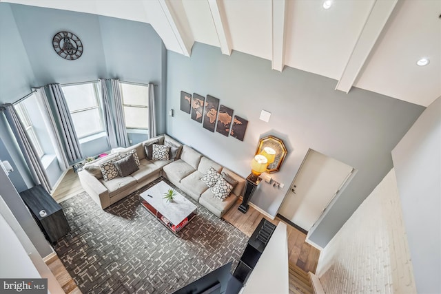 3240 Hiatt Pl NW Unit 4, Washington, DC 20010 - living room featuring wood finished floors, high vaulted ceiling, beamed ceiling, and recessed lighting