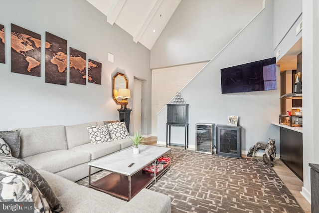 3240 Hiatt Pl NW Unit 4, Washington, DC 20010 - living room with high vaulted ceiling, beverage cooler, and beam ceiling
