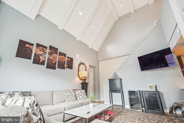3240 Hiatt Pl NW Unit 4, Washington, DC 20010 - living room with high vaulted ceiling, brick floors, beam ceiling, and wine cooler