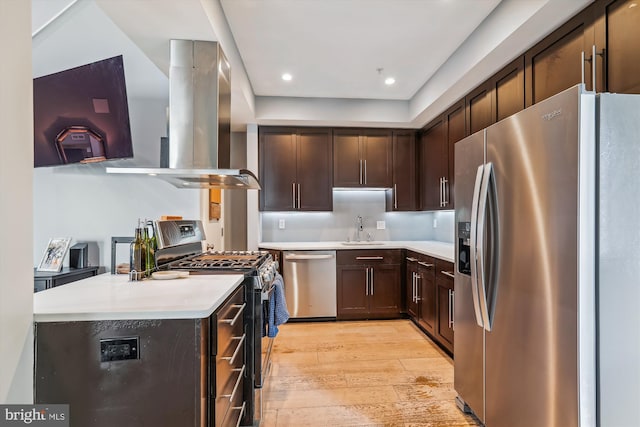 3240 Hiatt Pl NW Unit 4, Washington, DC 20010 - kitchen with stainless steel appliances, island range hood, light wood-style floors, dark brown cabinetry, and recessed lighting