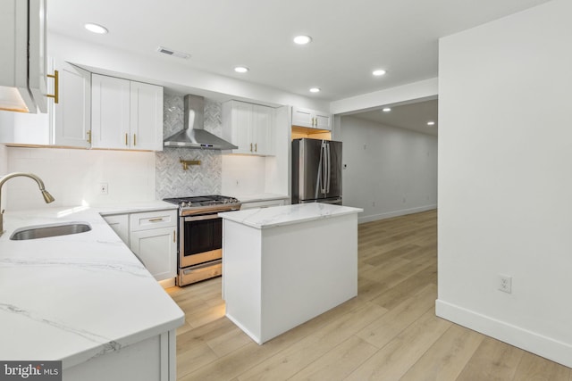 2012 S Mildred St, Philadelphia, PA 19148 - kitchen with appliances with stainless steel finishes, wall chimney exhaust hood, backsplash, white cabinets, and recessed lighting