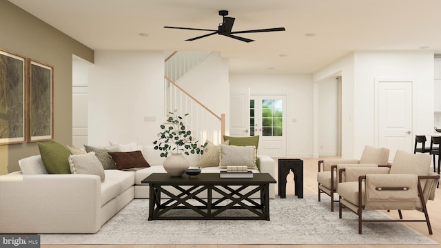 36 Aaron Truehart Way, Titusville, NJ 08560 - living area featuring stairs and a ceiling fan