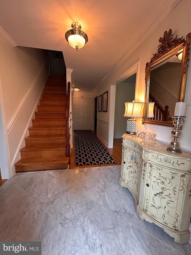 223 Country Gate Rd, Wayne, PA 19087 - stairs featuring crown molding