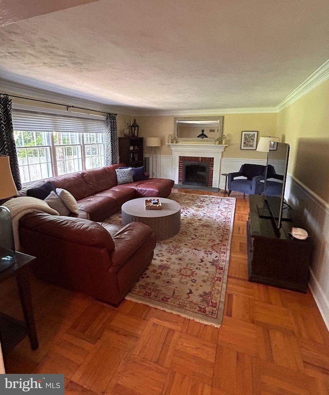 223 Country Gate Rd, Wayne, PA 19087 - living area with a wainscoted wall, ornamental molding, and a brick fireplace