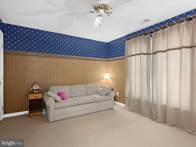 1509 Winfields Ln, Gambrills, MD 21054 - living room featuring carpet floors, wallpapered walls, and a ceiling fan