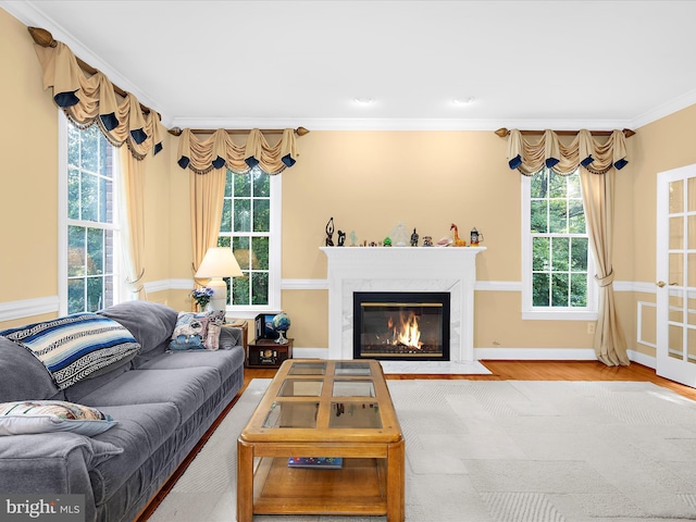 1509 Winfields Ln, Gambrills, MD 21054 - living room featuring ornamental molding, wood finished floors, plenty of natural light, and a fireplace
