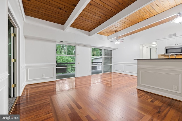 7746 Donnybrook Ct Unit 207, Annandale, VA 22003 - unfurnished living room featuring a decorative wall, wood ceiling, a ceiling fan, hardwood / wood-style floors, and wainscoting