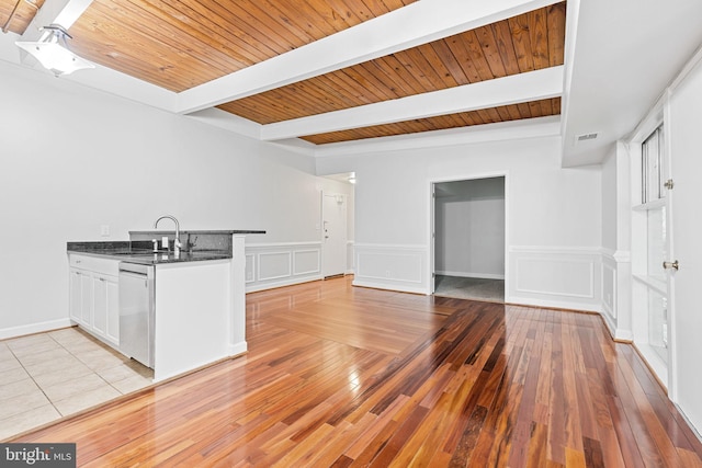 7746 Donnybrook Ct Unit 207, Annandale, VA 22003 - kitchen with stainless steel dishwasher, dark countertops, a wood ceiling with exposed beams, light wood-type flooring, and a peninsula