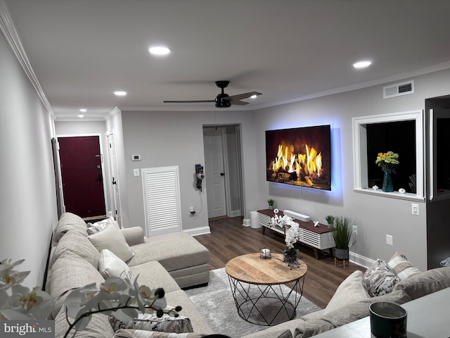 8677 Greenbelt Rd Unit 201, Greenbelt, MD 20770 - living room featuring recessed lighting, wood finished floors, a ceiling fan, and ornamental molding