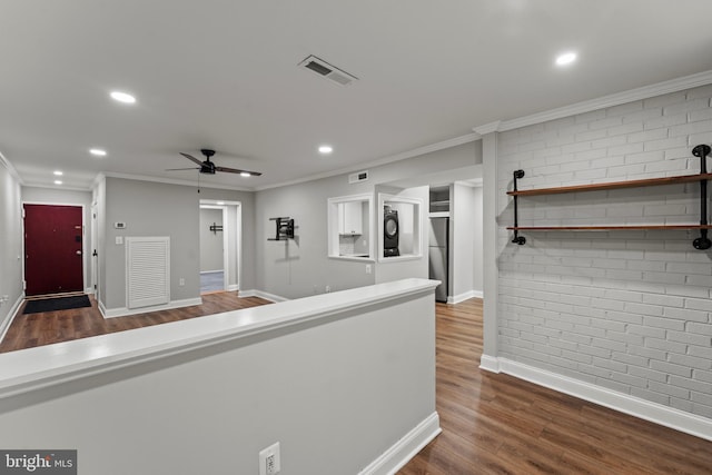 8677 Greenbelt Rd Unit 201, Greenbelt, MD 20770 - kitchen with dark wood finished floors, recessed lighting, a ceiling fan, freestanding refrigerator, and brick wall