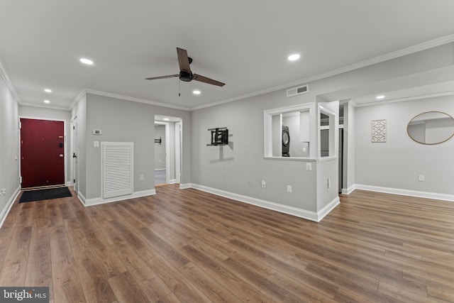8677 Greenbelt Rd Unit 201, Greenbelt, MD 20770 - unfurnished living room with recessed lighting, a ceiling fan, wood finished floors, and ornamental molding