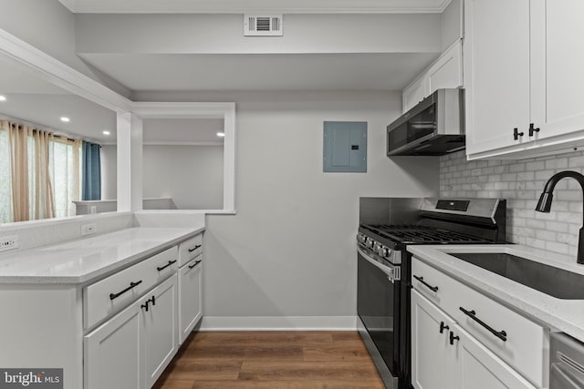 8677 Greenbelt Rd Unit 201, Greenbelt, MD 20770 - kitchen featuring appliances with stainless steel finishes, electric panel, tasteful backsplash, white cabinets, and light stone counters