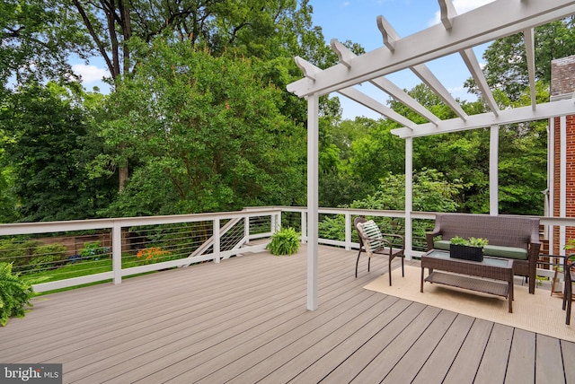 411 Windsor St, Silver Spring, MD 20910 - wooden deck with a pergola, an outdoor living space, and view of scattered trees