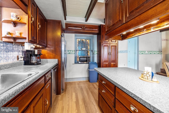 1445 Farmington Ave, Pottstown, PA 19464 - kitchen with light wood-type flooring, appliances with stainless steel finishes, beamed ceiling, decorative backsplash, and open shelves