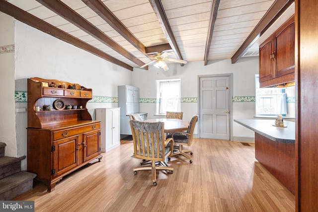 1445 Farmington Ave, Pottstown, PA 19464 - dining area with a wood ceiling with exposed beams, light wood finished floors, plenty of natural light, ceiling fan, and stairs
