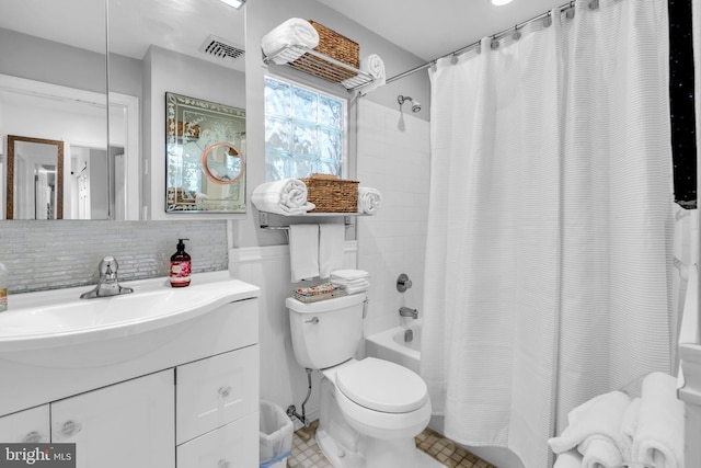 19 Warwick Way, Southampton, NJ 08088 - full bathroom featuring vanity, shower / bathtub combination with curtain, backsplash, and tile patterned floors