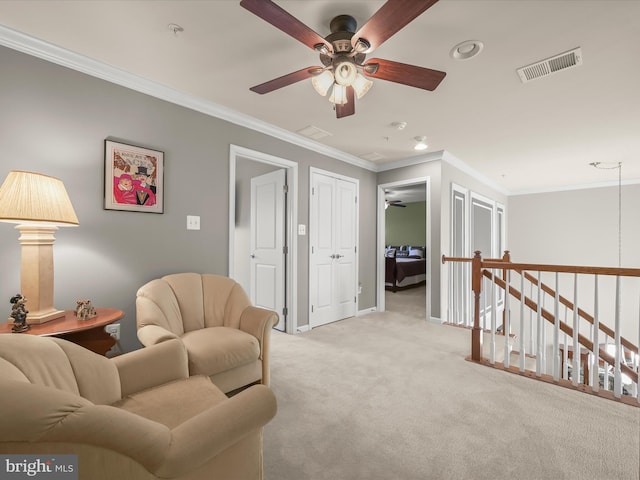 5910 Constance Way, New Market, MD 21774 - living area with a ceiling fan, light colored carpet, recessed lighting, and ornamental molding