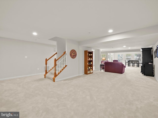 5910 Constance Way, New Market, MD 21774 - living room featuring stairway, light colored carpet, and recessed lighting