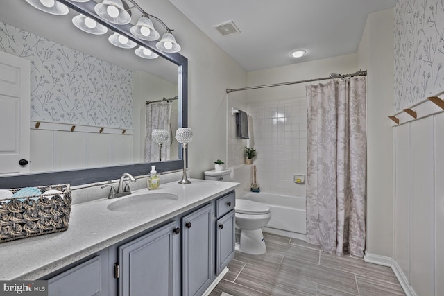 20408 Shore Harbour Dr Unit 5-C, Germantown, MD 20874 - full bathroom featuring vanity, shower / tub combo with curtain, wallpapered walls, and wood finished floors