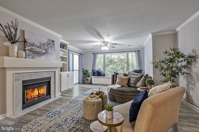 20408 Shore Harbour Dr Unit 5-C, Germantown, MD 20874 - living room with crown molding, a fireplace, wood finished floors, and ceiling fan