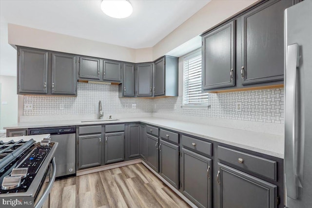 6116 Baldridge Ter, Frederick, MD 21701 - kitchen featuring appliances with stainless steel finishes, gray cabinets, light countertops, light wood-type flooring, and tasteful backsplash