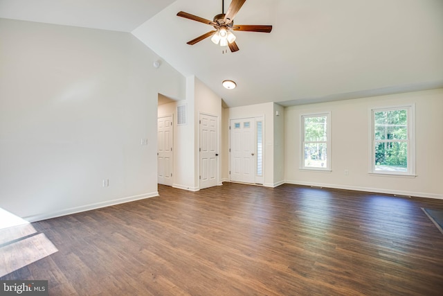 916 Lakeview Dr, Colonial Beach, VA 22443 - unfurnished living room with ceiling fan, dark wood-style floors, and high vaulted ceiling