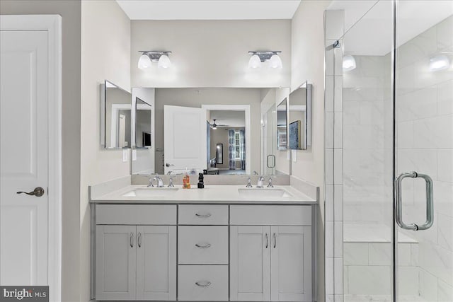 519 S Media Way, Media, PA 19063 - bathroom featuring a stall shower, double vanity, and ceiling fan