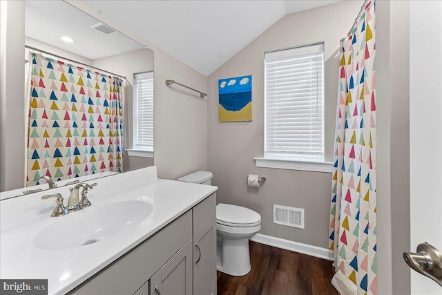 519 S Media Way, Media, PA 19063 - full bathroom with vanity, wood finished floors, vaulted ceiling, and a shower with shower curtain