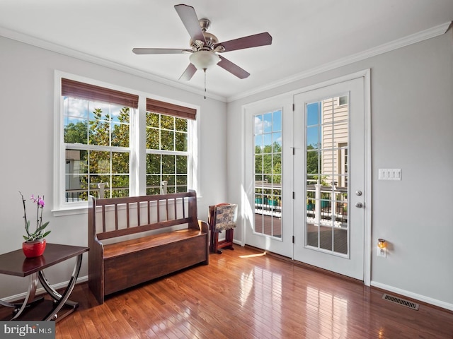 24847 Mason Dale Ter, Chantilly, VA 20152 - entryway with ornamental molding, hardwood / wood-style flooring, and ceiling fan
